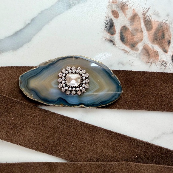 Accessories - Brown Suede Hat Band with luxe Agate Crystal/ rhinestone center.